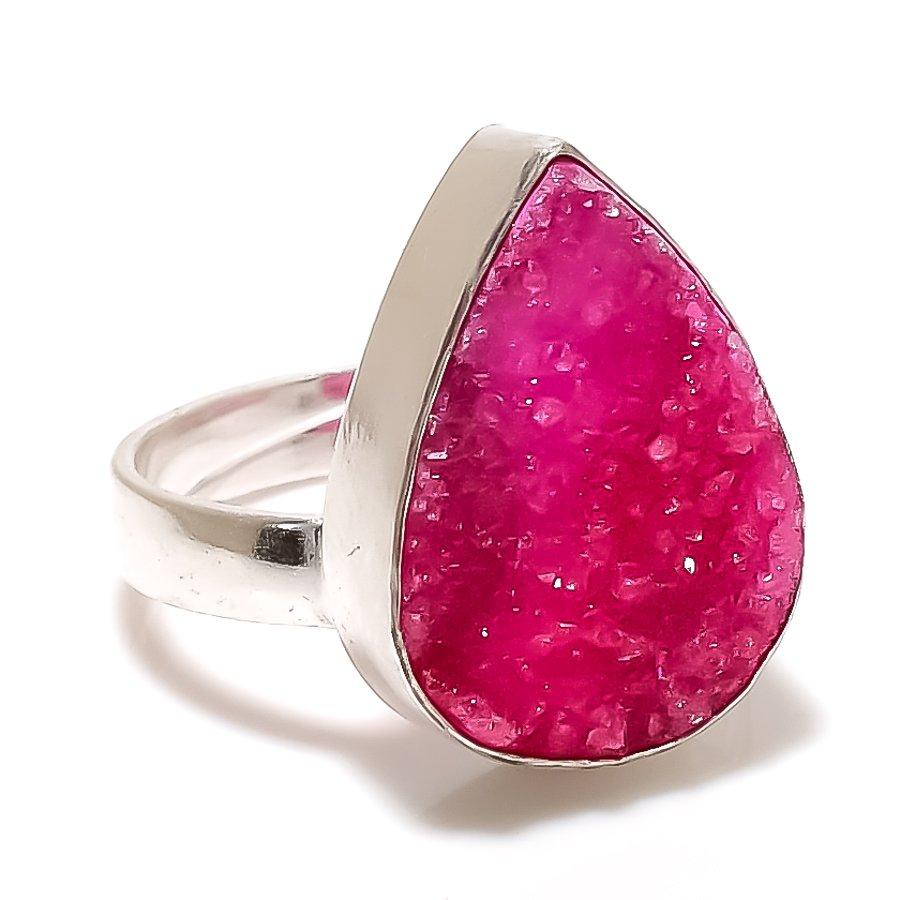 Pink Druzy Gemstone 925 Sterling Silver Jewelry Ring Size Adjustable GK-4386