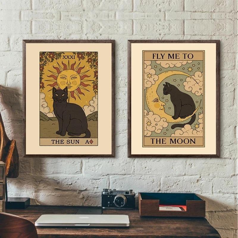 Vintage Mond Kaiserin Sonne Liebe Tod Katze Tarotkarte Poster Leinwandgemälde Wandkunst Bilder Heim Eingang Bar Café Dekor
