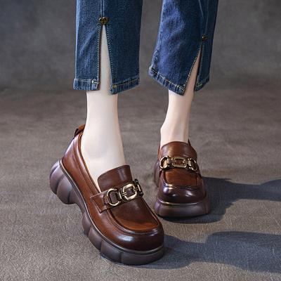 The First Layer of Cowhide Loafers for Women's 2025 Spring New Leather Retro British Style Thick-soled One-pedal Muffin Shoes for Women