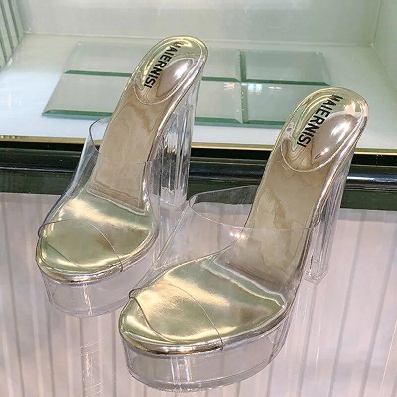 Frauen Dicke High Heels Flacher Mund Kristall Transparent Sexy Bühne Laufsteg 13 cm Absatz 3,5 cm Plattform WZ