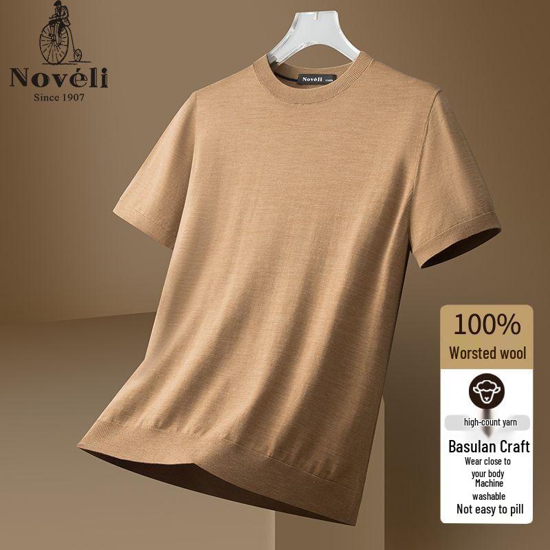 Lanweilong Men's 100% Pure Wool Machine Washable Crew Neck Short Sleeve T-Shirt