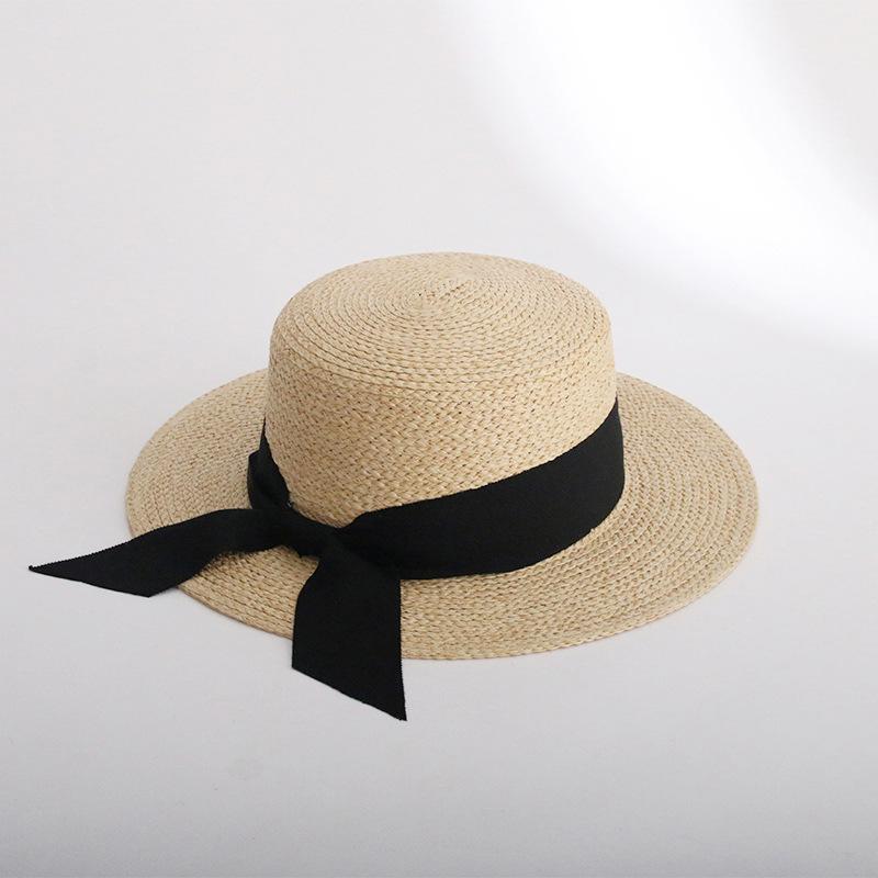 

2025 New Summer Wide Brim Raffia Sun Hat Visor Temperament Bow Flat Top Straw Hats For Women s Vacation Sunscreen Beach Hat чорний