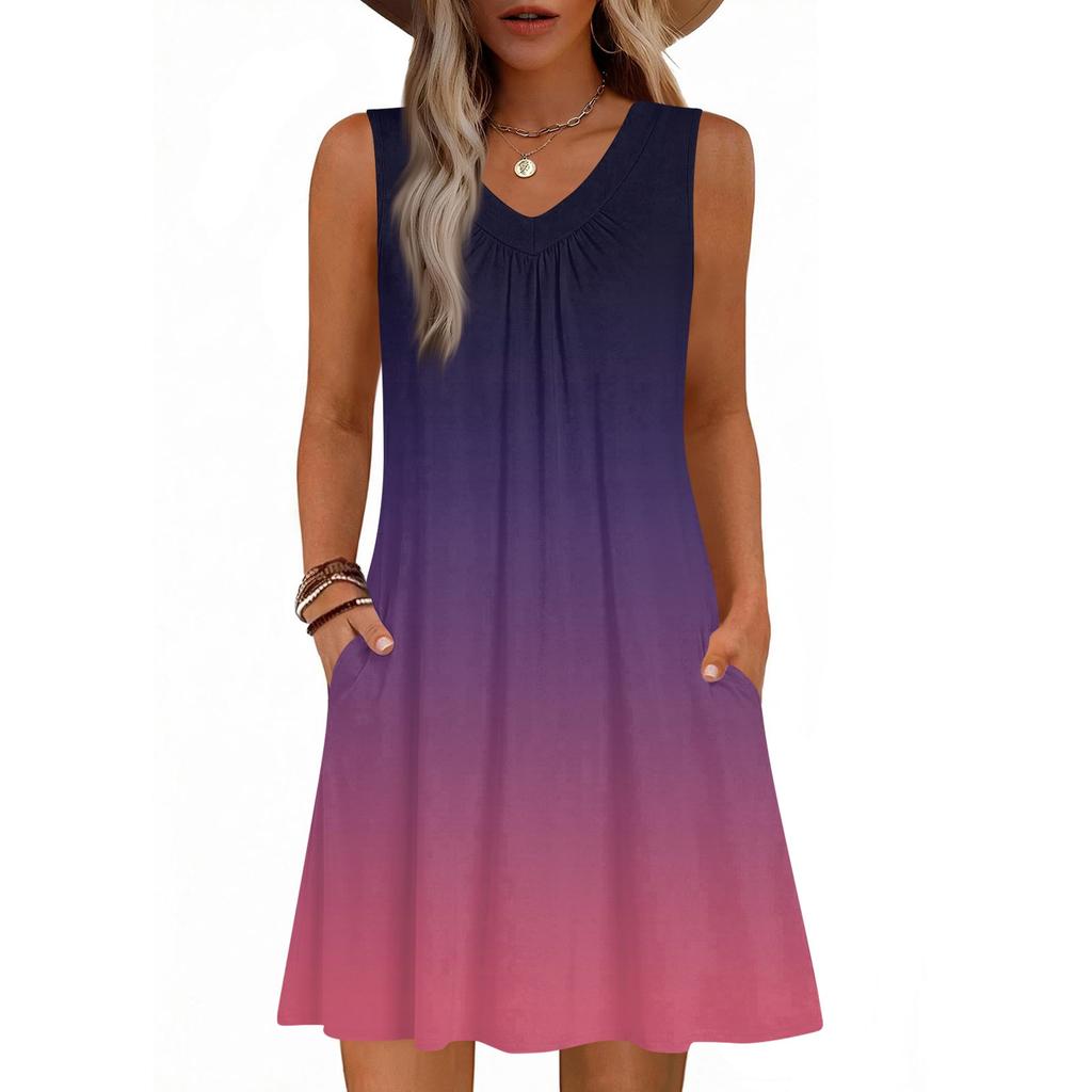 Dámské módní letní tílko bez rukávů s V-výstřihem, s kapsou, ležérní volné šaty