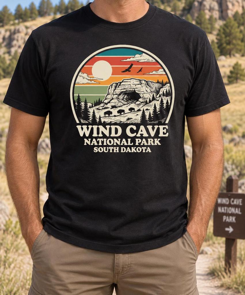 Wind Cave National Park Shirt, South Dakota Bison Tee, Retro Sunset Landscape Graphic, Hiking Camping Gift, Wildlife Lover Vacation Souvenir