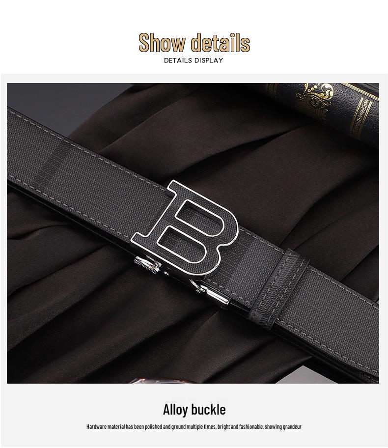 Men's Genuine Leather Belt - Cowhide Plaid with Automatic Buckle, Versatile Business & Fashion Style