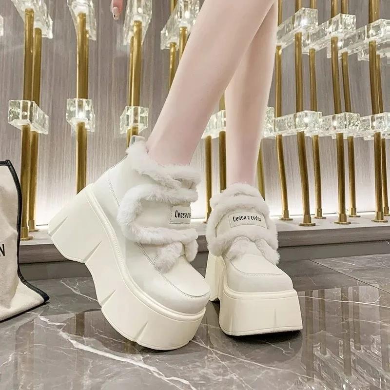 

Зимние женские ботинки на платформе и высоком каблуке, женские ботильоны, классический дизайн, нескользящие, с мехом, пушистые, теплые, короткие ботинки 36