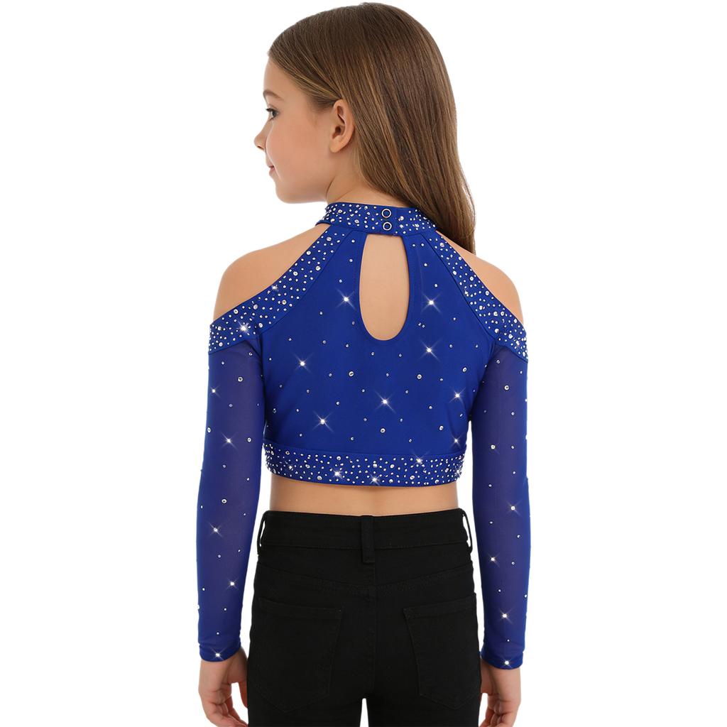 Girls Shiny Sequins Crop Top Long Sleeve Back Neck Press Buttons Closure Dance Shirt