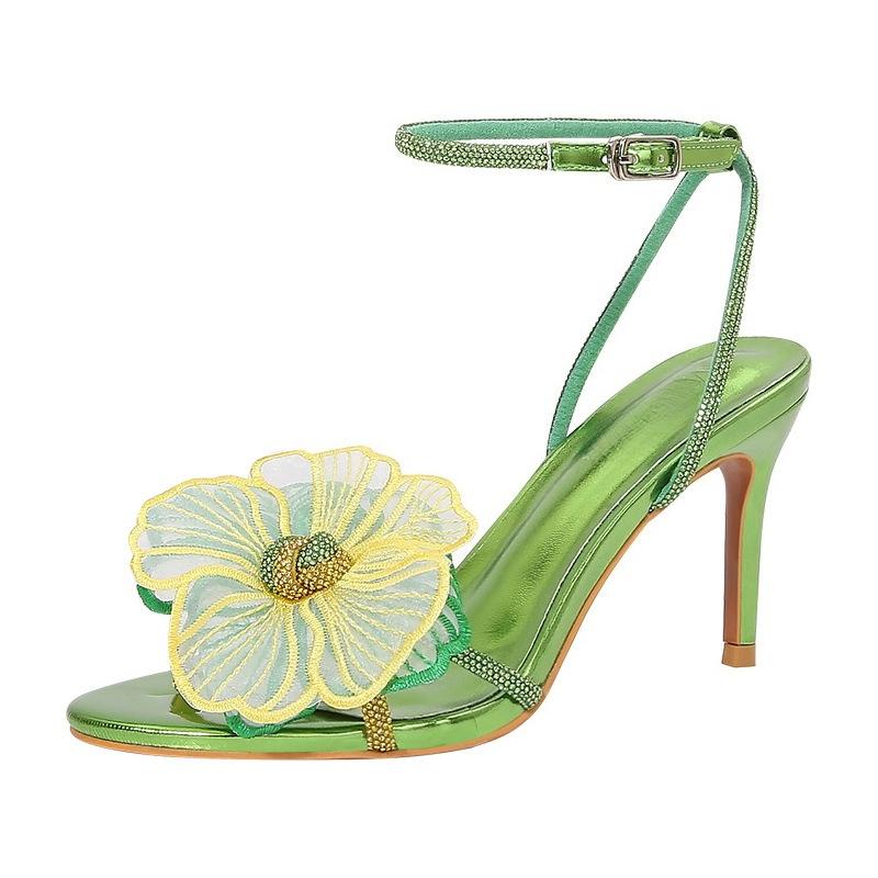 European and American Rhinestone Embroidered Flower Large Size Stiletto Sandals Women's One-word Buckle High Heels