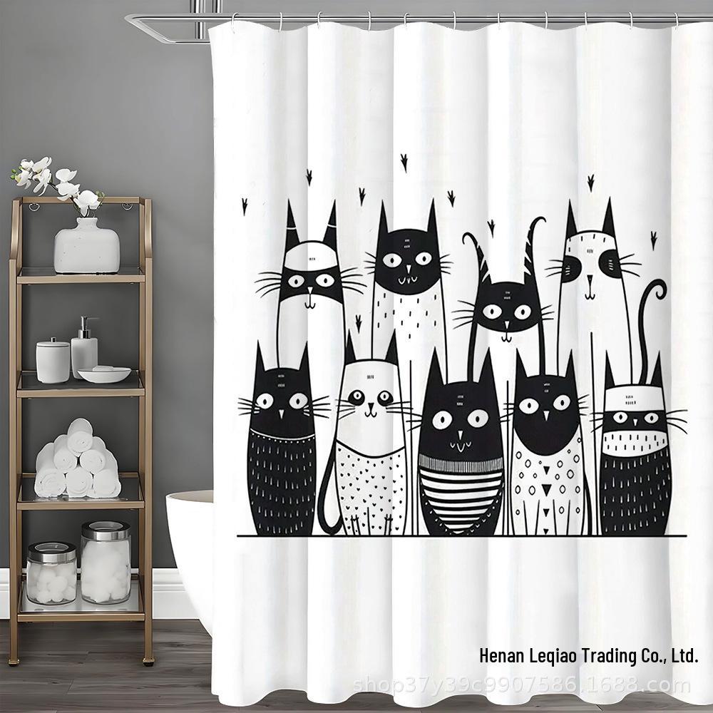 American-Style Waterproof Shower Curtain Set with Cat Patterns – No-Drill Installation, Includes Toilet Mat and Accessories