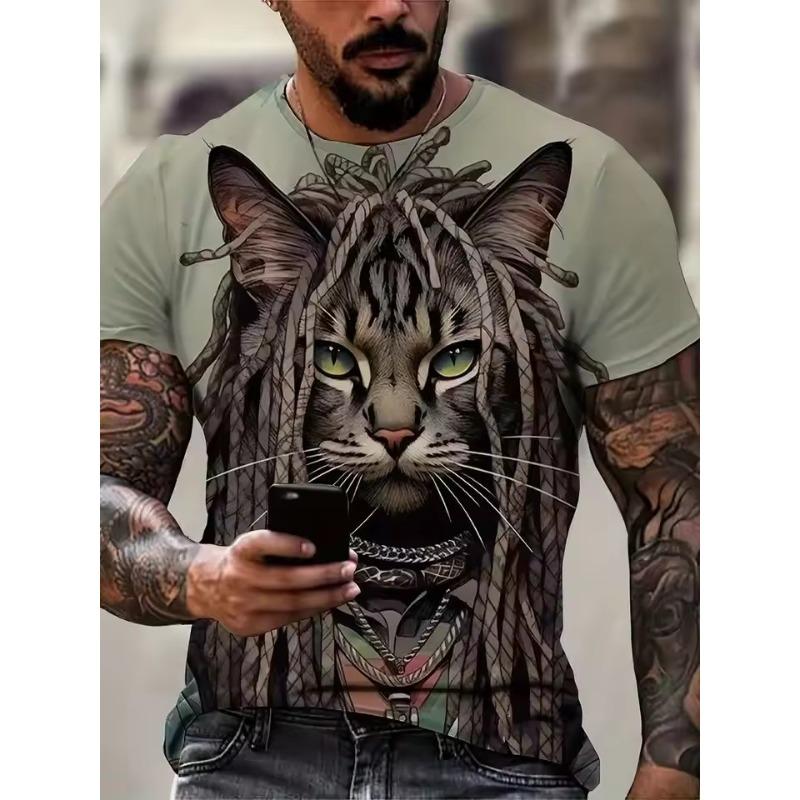 Cartoon Men's T-shirt Cat Pattern Print Summer Casual Short Sleeve T-shirt Street Round Neck Short Sleeve Top Oversized Clothing