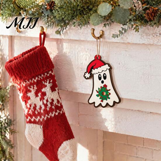 Wooden Hanging Decorations for Holiday Christmas Ghost Ornaments, Tree with Santa Hats Cute Ornaments Gothic Skull, Xmas Winter Party Supplies Window
