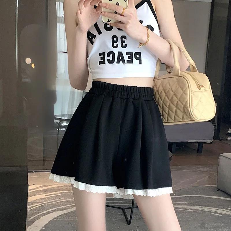 Women Lace Patchwork Shorts Elastic Summer Female Loose Wide Leg Straight Short Pants Solid Color Lady Casual High Waist Bottoms