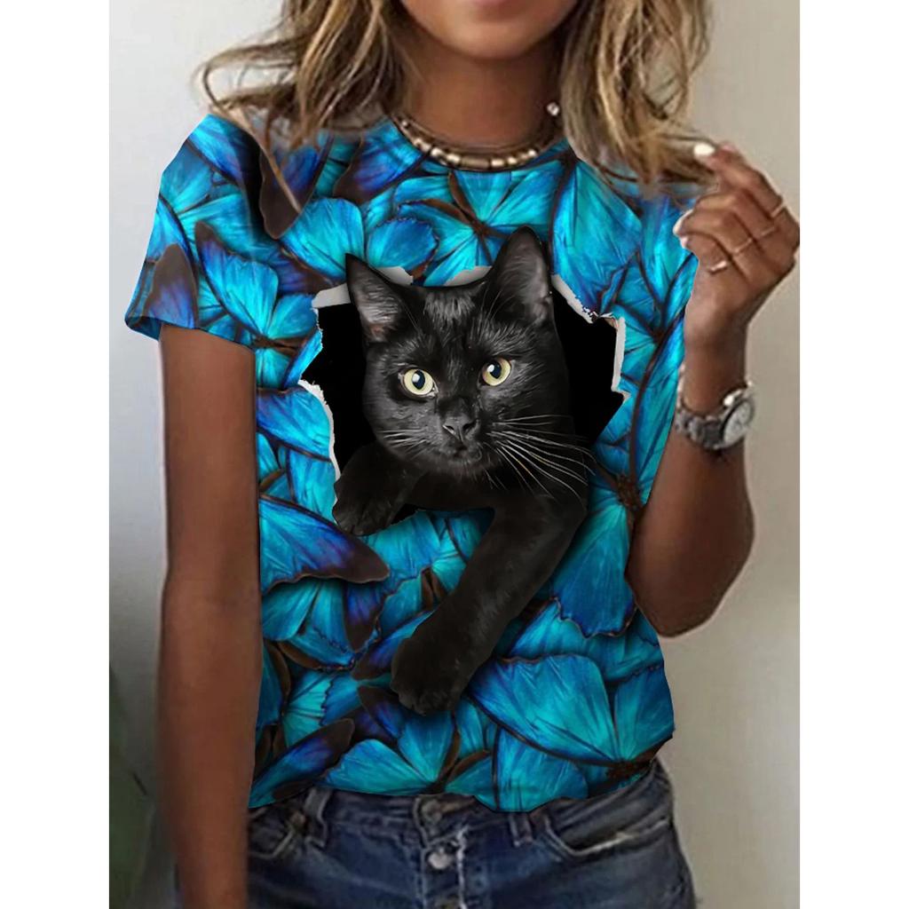 Women's 3d Cute Cat Print T Shirt Fashion Womens Tees Y2k Tops Harujuku Kawaii Oversized Summer O-Neck Top Female Clothing