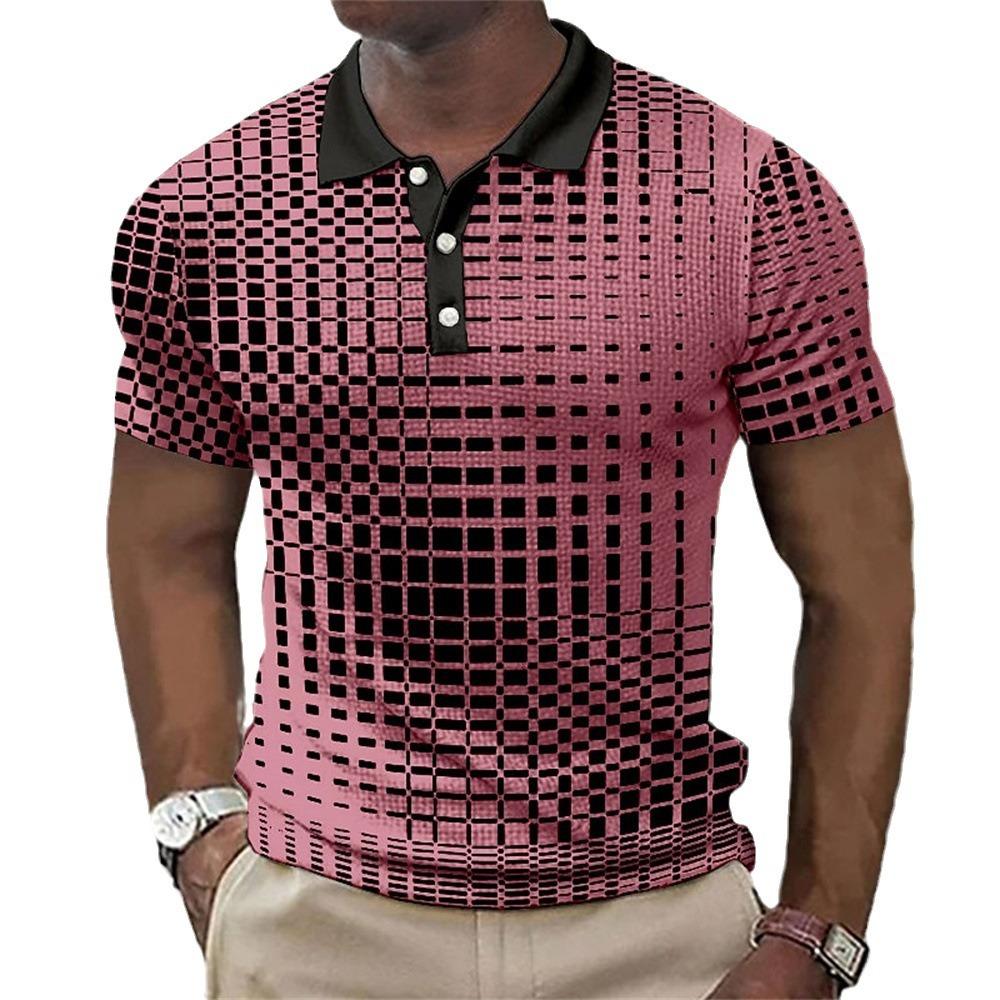 Men'S Simple Plaid 3D Digital Printing Business Casual Short-Sleeved Lapel Polo Shirt