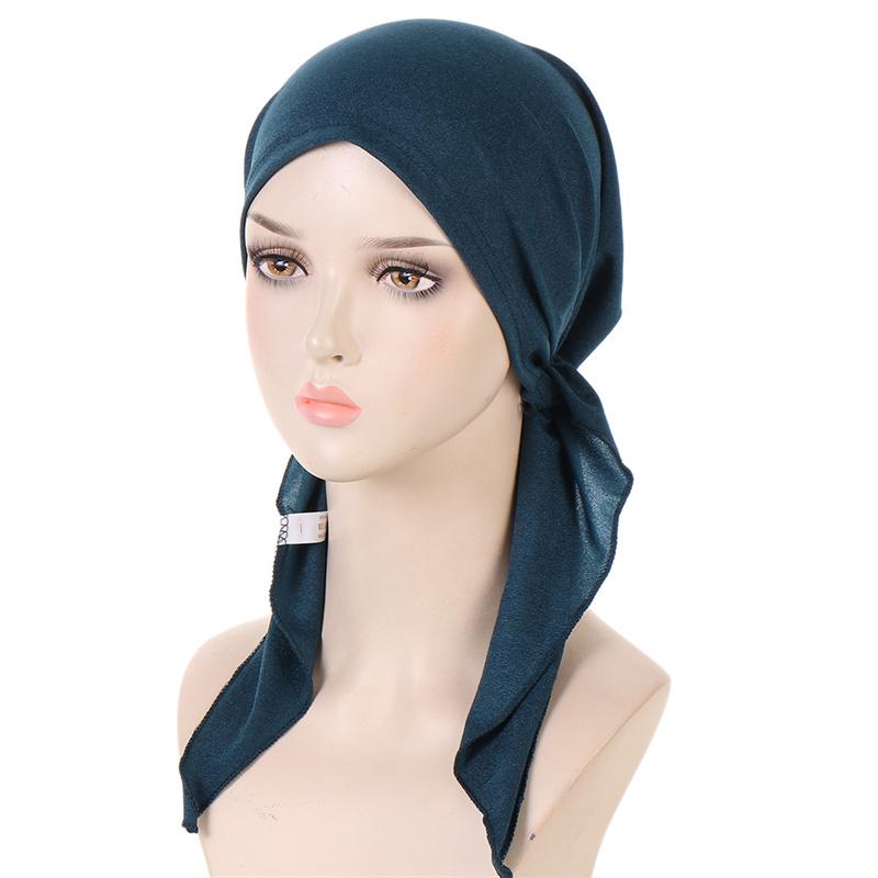 Ramadan Muslim Women Hijab Caps Solid Color Ladies Headscarf Soft Hijab Turban Bonnet Two Tail Bandana Hat Chemo Cap