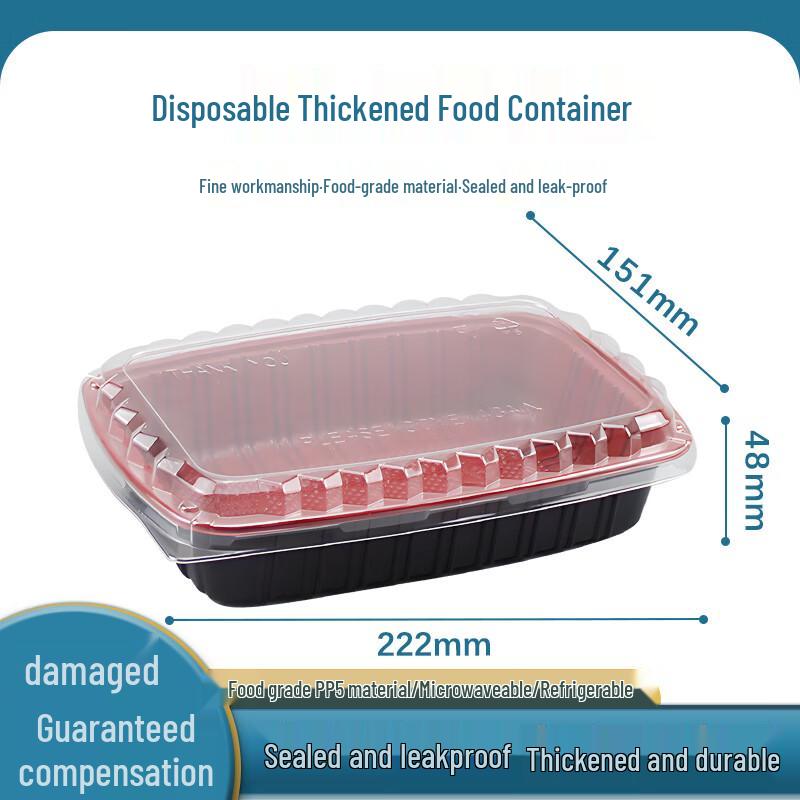 Xinpaike 900ml Disposable Red-Black Rectangular Lunch Boxes with Lids (300 Sets)
