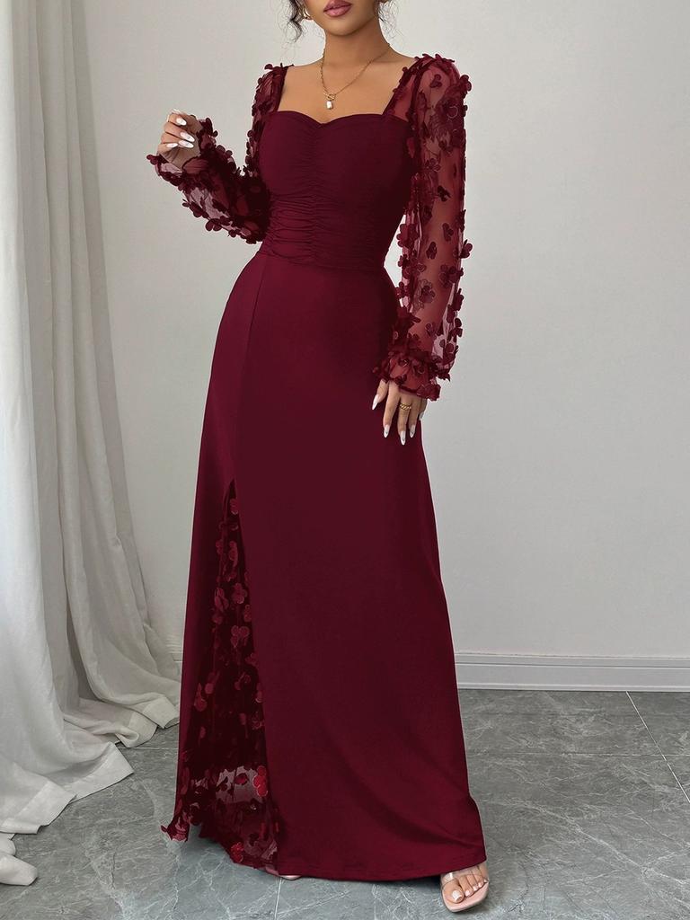 Women's Elegant Square Neck Bubble Long Sleeve Mesh Insert Jacquard Maxi Dress 3D Slimming A-Line Swing Long Dress