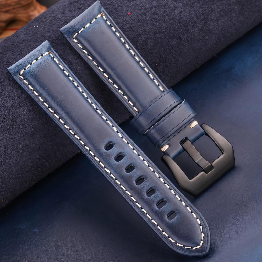 20mm 22mm 24mm 26mm First Layer Oil Wax Cowhide Padded Leather Watch Strap Screw-in Stainless Buckle Vintage Style Band