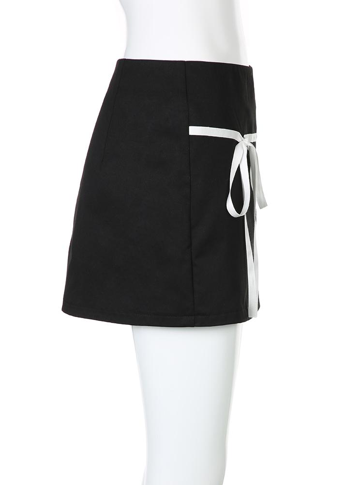 Sweet Basic Patchwork Bandage A-Line Skirt Casual Slim Low-Waisted Mini Skirts Women 2024 Summer Fashion Streetwear Lady