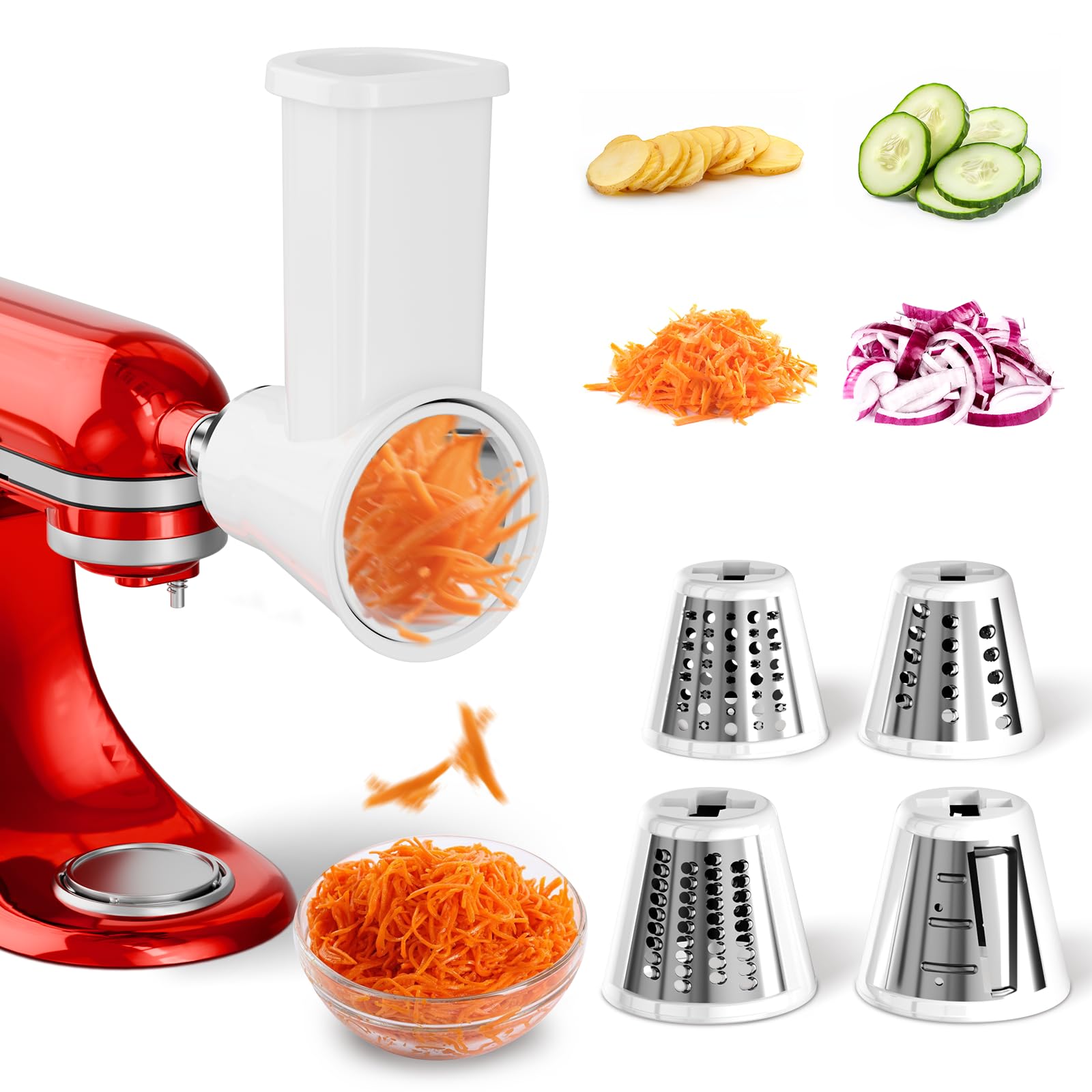 

Slicer Shredder Attachment for KitchenAid Stand Mixer, Cheese Grater Attachment for Kitchenaid, Grinding Powder, Dishwasher Safe with 4 Blades, White белый