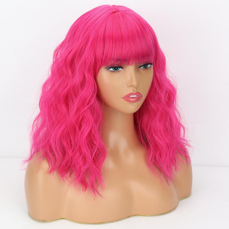 LISI HAIR Rose Red Short Wavy Wig with Bangs Synthetic Fiber Shoulder Length Fashion Cosplay Daily Wear Natural Wavy Wig