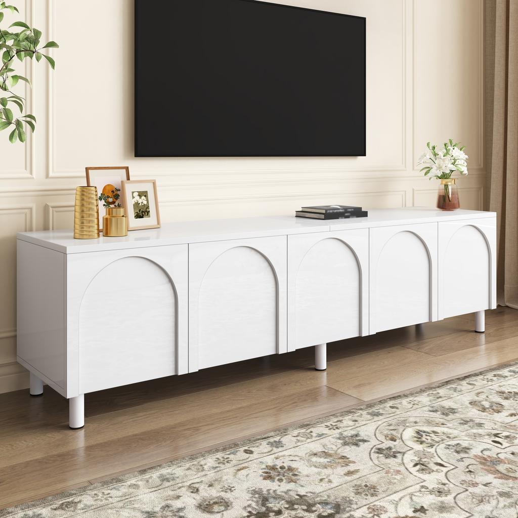 Lowboard TV Table Living Room, TV Cabinet with 5 Doors, Metal Feet, Made of PB and MDF, Modern Storage TV Board
