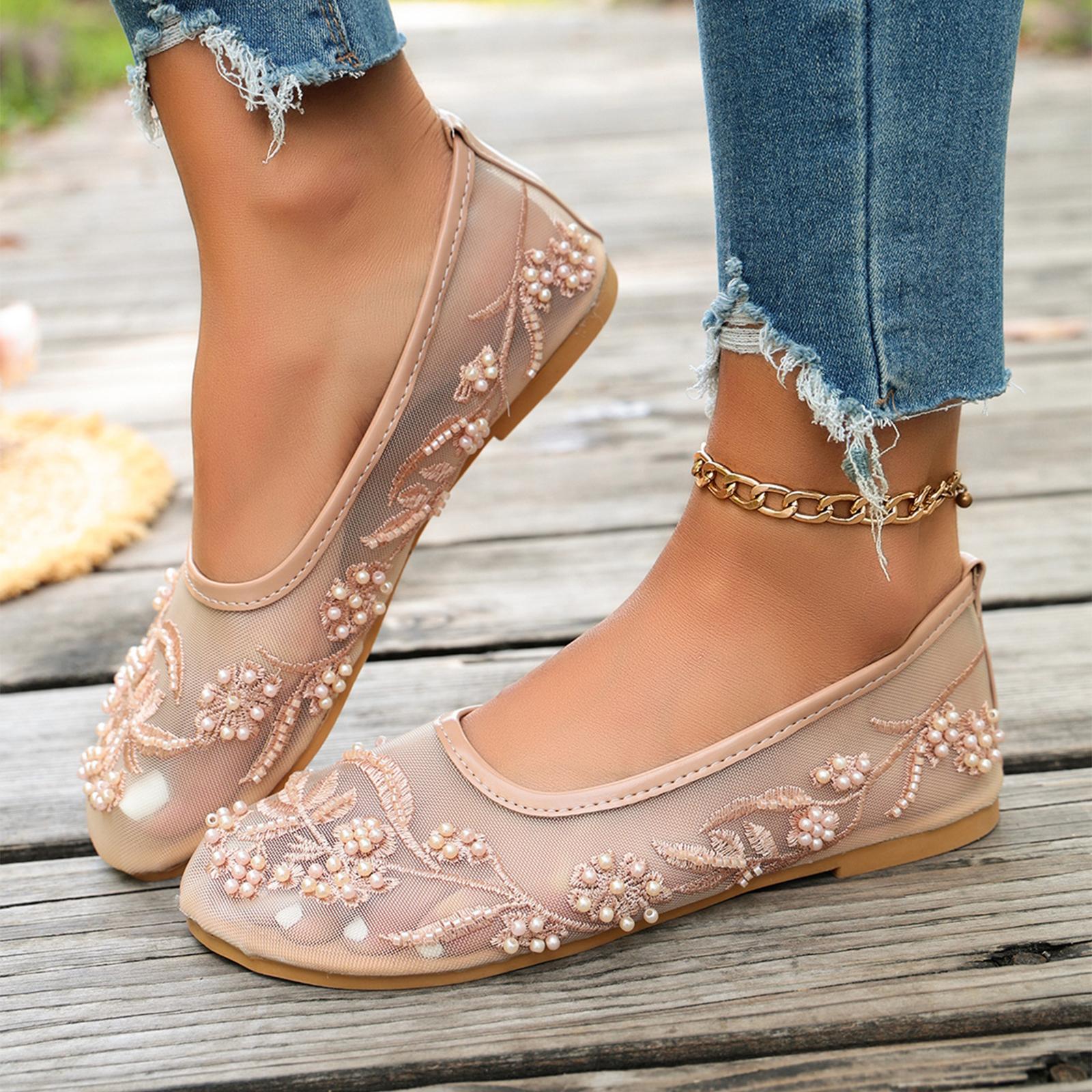 Women s Flat Shoes Pearl Embroidery Round Toe Mesh Upper Low Cut Slip On Ballet Flats Lightweight Comfortable Casual Footwear 36 бежевый