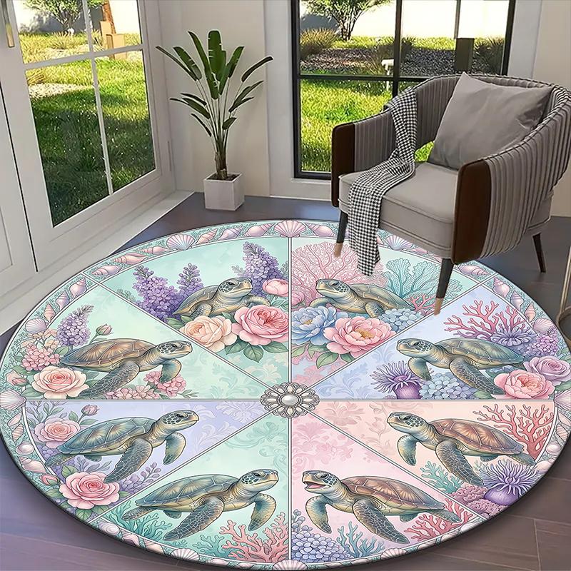 1pc Ancient Sea Turtles Rug, Comfortable Printed Home Round Carpet, Cozy Office Chair Rug