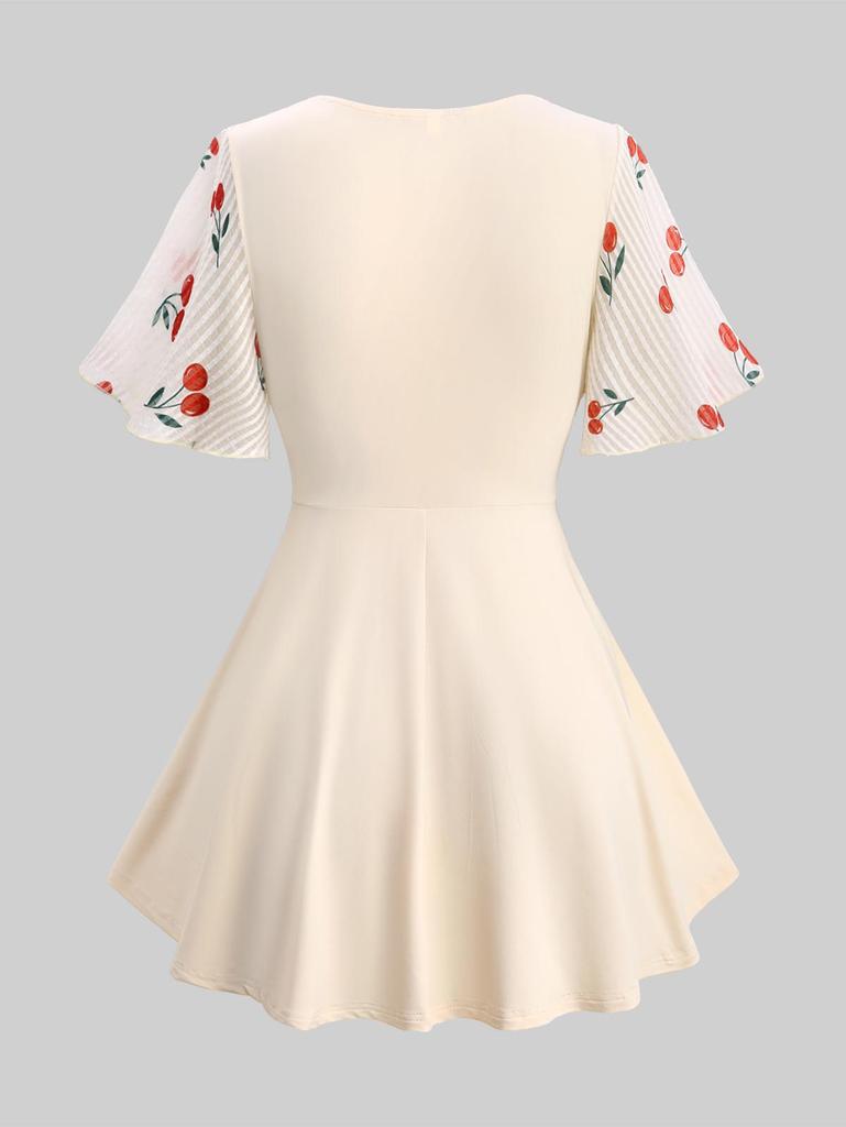 Rosegal Plus Size Cherry Fruit Waffle Plaid Print Buckle Crisscross Ruched Blouse