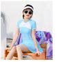 2026 Women's Conservative Slimming One-Piece Short Sleeve Swimsuit, Hot Spring Plain Patchwork, Customizable Swimwear.