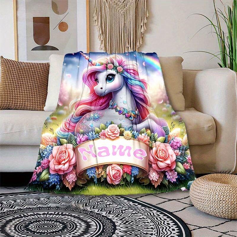 Pink Unicorn Customize Your Name Blanket Warm Comfortable Soft Blanket For Chair Office Sofa Bed Sofa Office Camping Suitable For Gifting Relatives