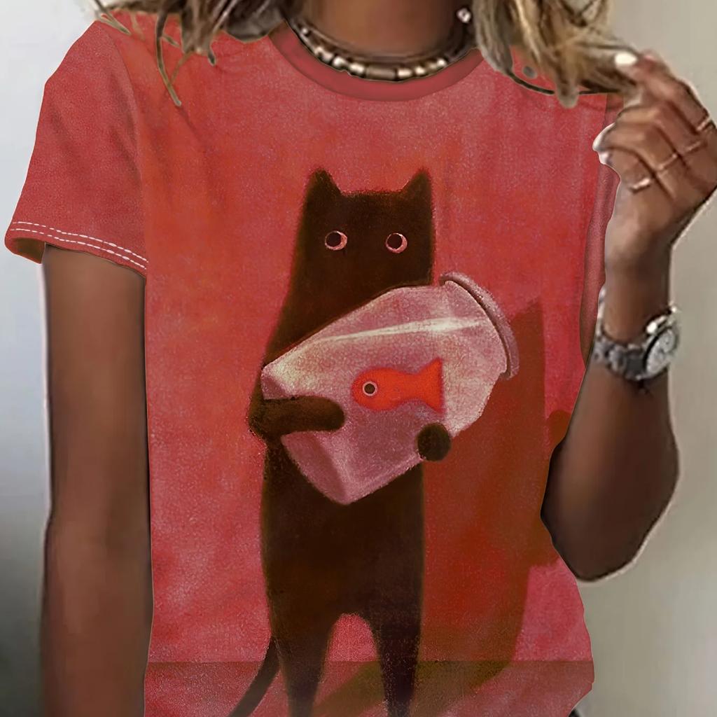 2024 Ny Stil T-shirt För Kvinnor Kattgrafiskt Tryck Rolig Kvinnlig Oversized T-shirt Sommar Damkläder Kortärmad Mode
