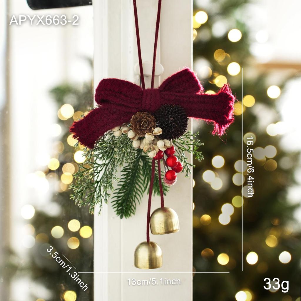 Velvet Bow Bell Ornament with Pine Cone for Christmas Tree Decoration