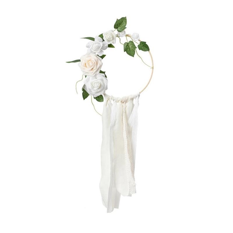

Classical Faux Flower Wreath Artificial Flower Wreath with Elegant Lace Ribbon Tail for Festival Domestic Decorating белый