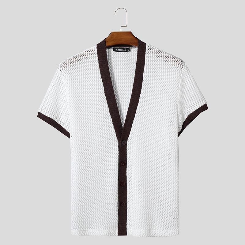 

INCERUN Men Summer V Neck Short Sleeve Stitching Hollow Out Patchwork Casual T-shirts Tee 3XL белый