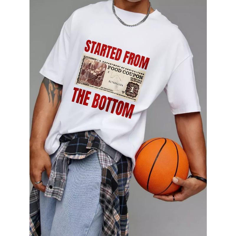 White T Shirt with Food Coupon Graphic and Started From The Bottom Text for Casual Wear