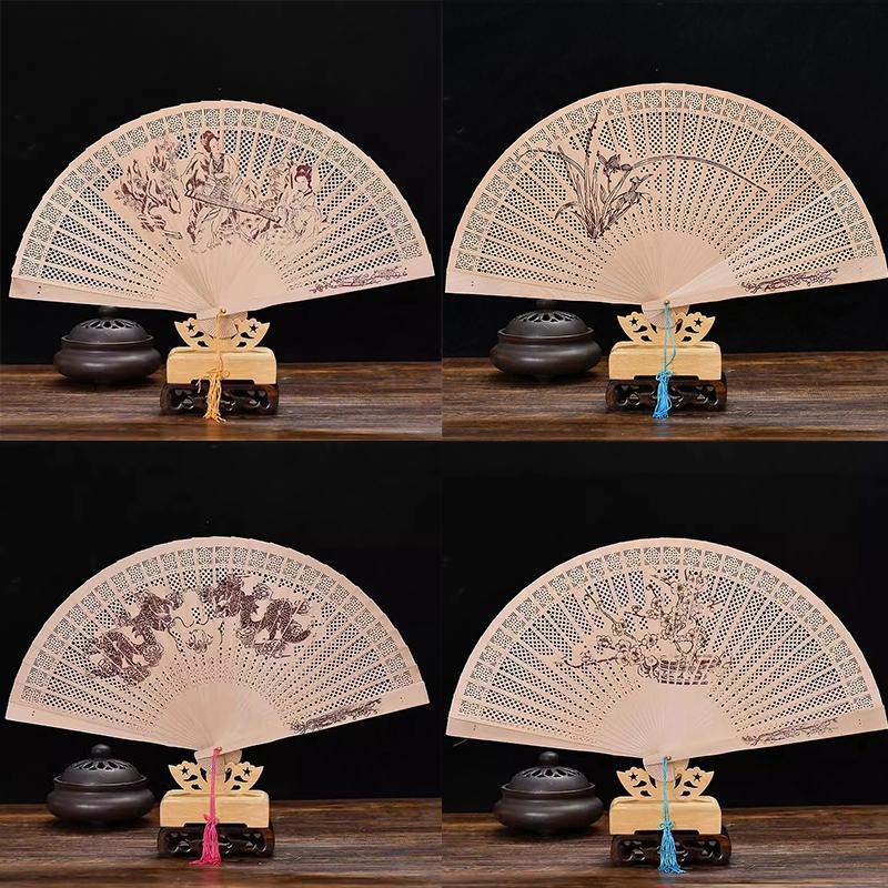 Chinese StyleHand Held Fan Carved Fragrant Wooden Folding Fan Portable Vintage Hollow Antiquity Folding Fan Home Wedding DecoR