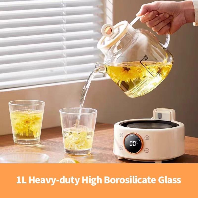 Bouilloire Bien-être Entièrement en Verre Grande Capacité 1,2L Bouilloire Santé à Température Constante Théière à Fleurs Multifonctionnelle Ménagère