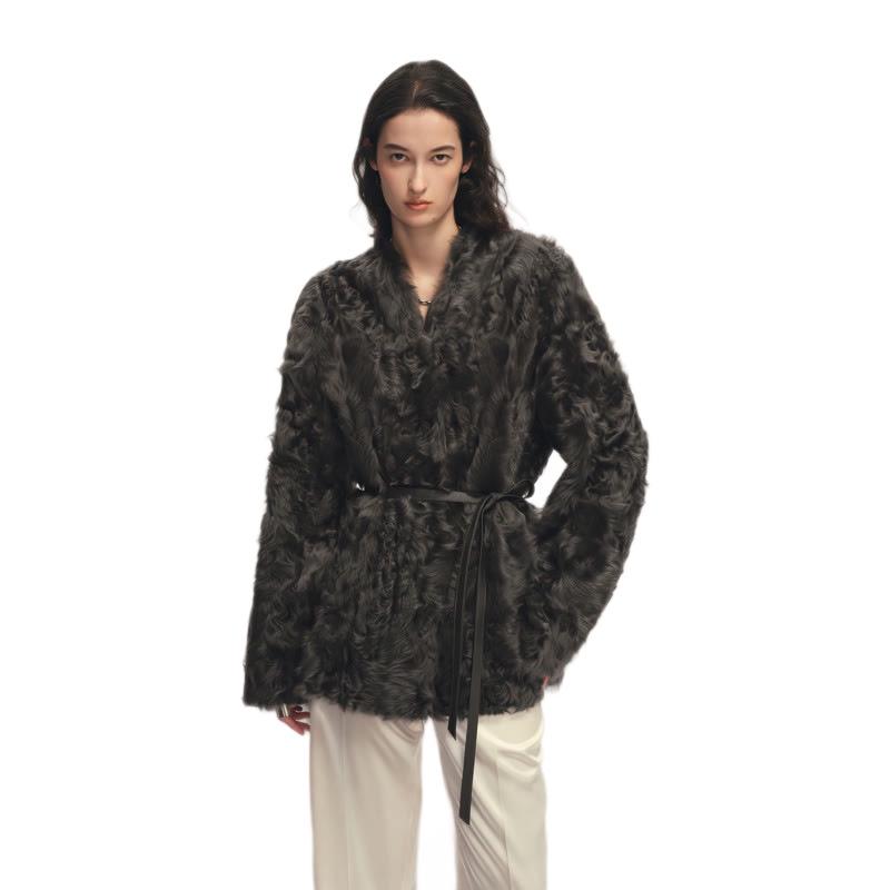 Imitation small lake sheep fur coat women's winter new loose lace-up wool coat environmentally friendly fur fashion coat