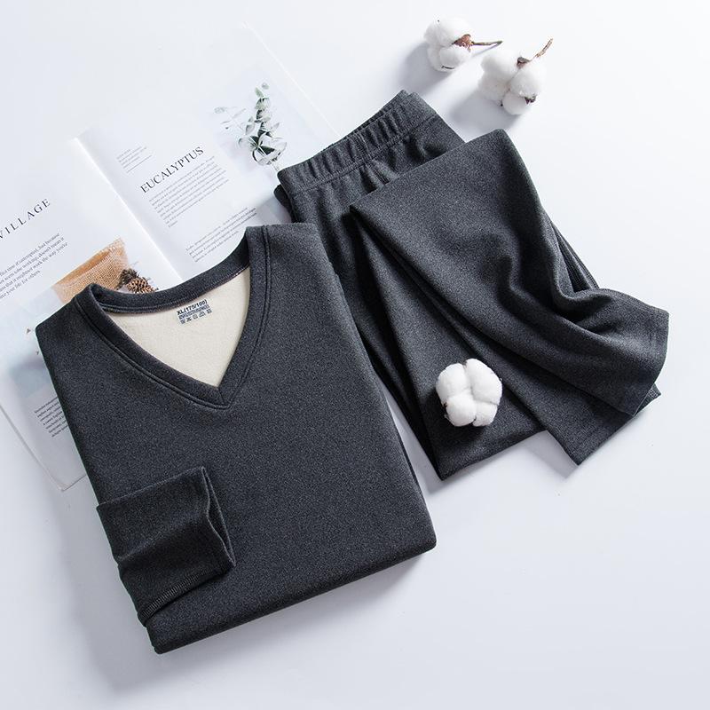 Qiweilang Men's Two-Color German Velvet Thermal Suit, No-Pill V-Neck & Round Neck, Autumn Underwear & Pants