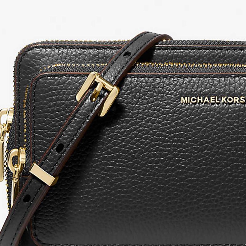 Michael Kors Jet Set Gold Metal Logo Adjustable Detachable Shoulder Strap Pebbled Leather Shoulder Bag Large Women's Black