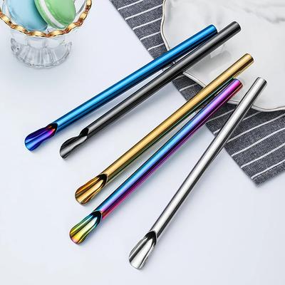 2/4Pcs ReusableDrinking Straw Smoothie Milkshake Scoop Stainless Steel Straw Spoon Durability Stirring Spoon  with Brush Set Bar