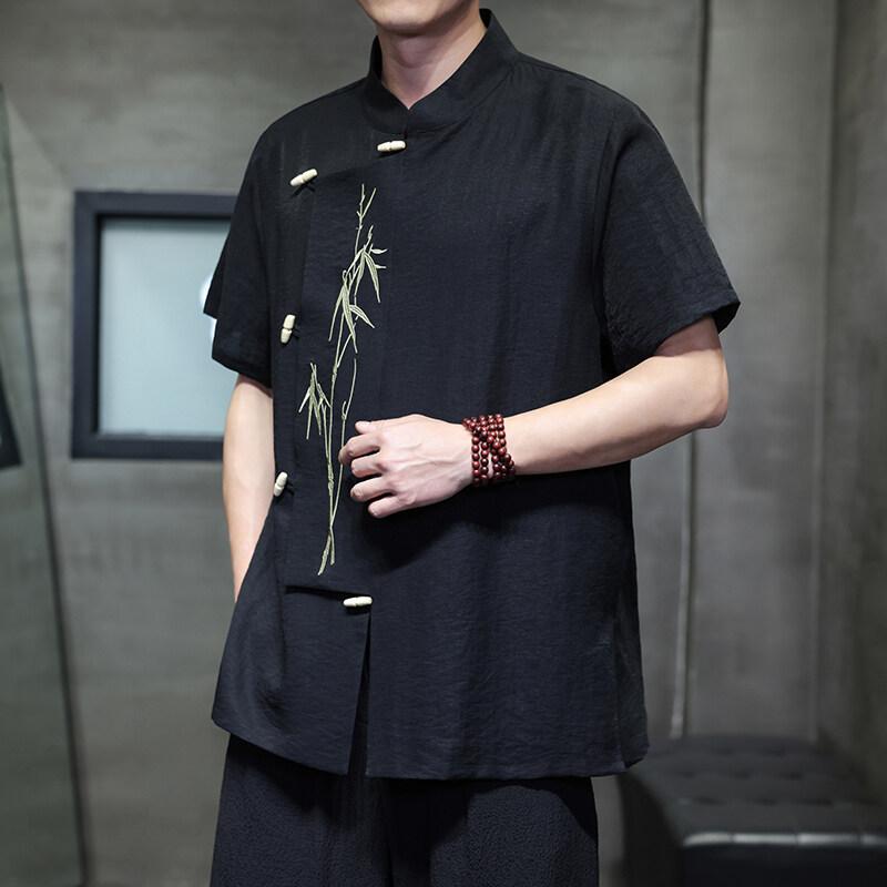 2025 Men Chinese Style Shirts Men Short Sleeve Shirt Summer Men Bamboo Leaf Shirt Men Cotton Trendy Loose Vintage Tops