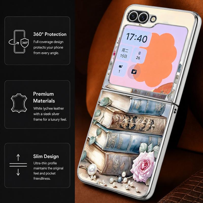 Retro Watercolor Flower Print Case For Samsung Z Flip 8 7 6 5 Luxury Plating Leather Skin Folding Phone Cover For Galaxy Z Flip8 Flip7 Flip6