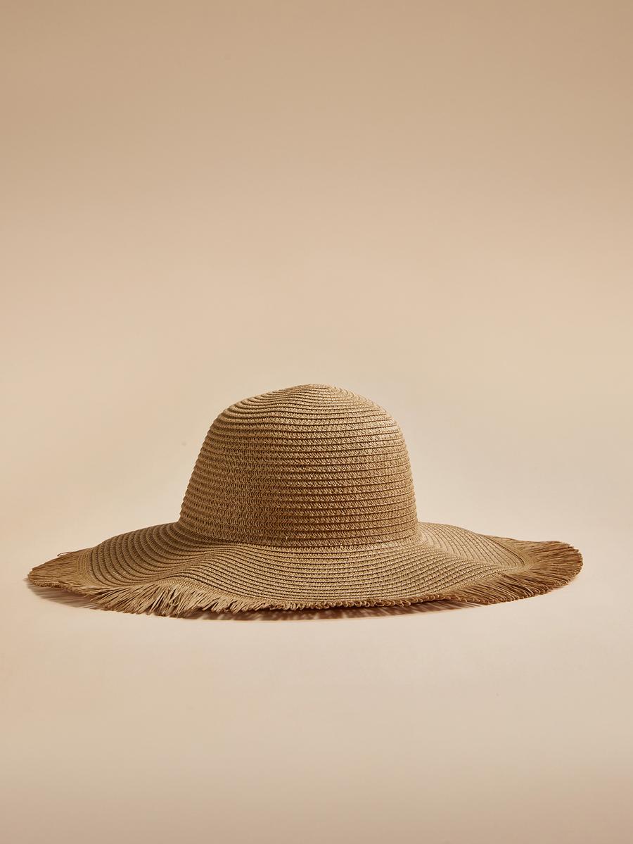 Zealous Sole Women's Khaki Wide Brim Straw Sun Hat With Fringe Trim Bohemian Beach Hat Summer Outdoor