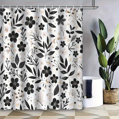 Bohemian Black & White Floral Shower Curtain - Durable Polyester, Water-Resistant, Machine Washable, Ideal Bath Decor