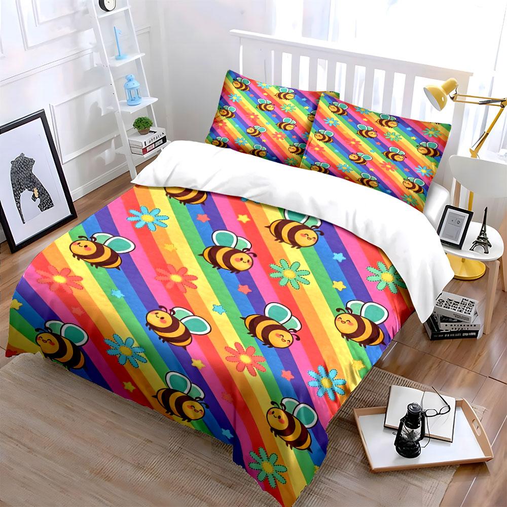 Colorful Bee Pattern Set Multiple Sizes Kid'S And Adults' Bedroom Exquisite 3Pc Bedding Set, Gift