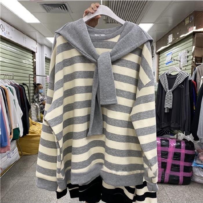 

Женский комплект толстовки большого размера в корейском стиле - Тонкая толстовка с круглым вырезом + Топ в широкую полоску для весны-осени 4XL