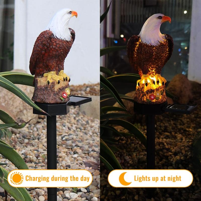 Solar Eagle Resin Statue Outdoor Garden Stake Lights Bald Eagle Sculpture Animal Stump Lamp for Lawn Pathway Decoration