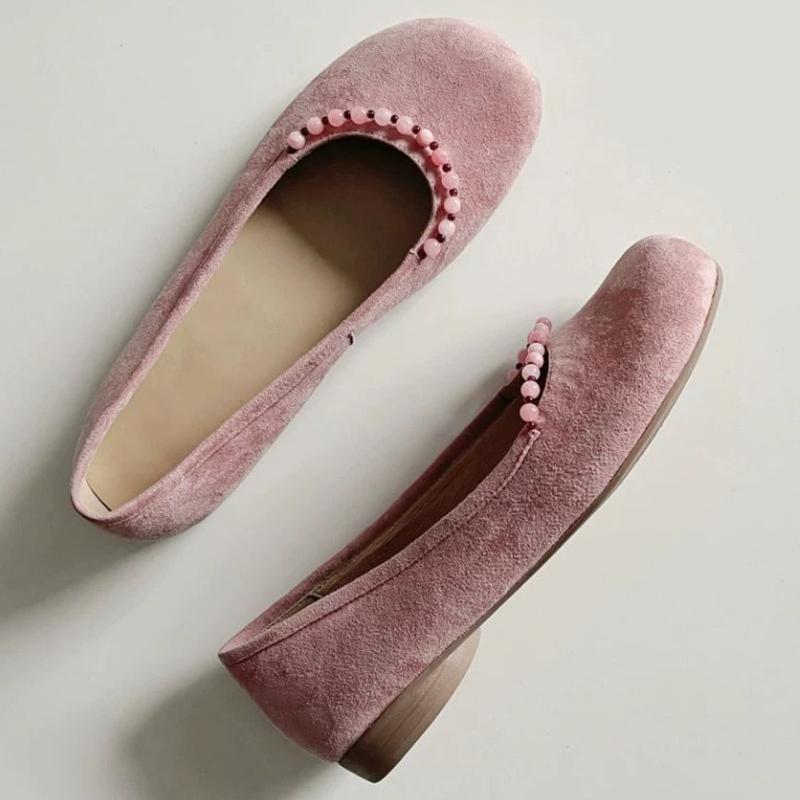 Fashion High Quality Faux Suede Round Toe Flat Sandals Women Vintage String Bead Shallow Flat Mary Jane Shoes Comfortable Ballet Flats
